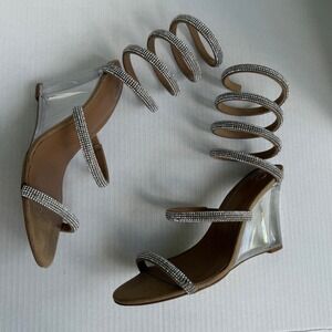 JLO Jennifer Lopez Daya Wedge Sandals Womens 9 Tan Clear Rhinestone Spiral Good